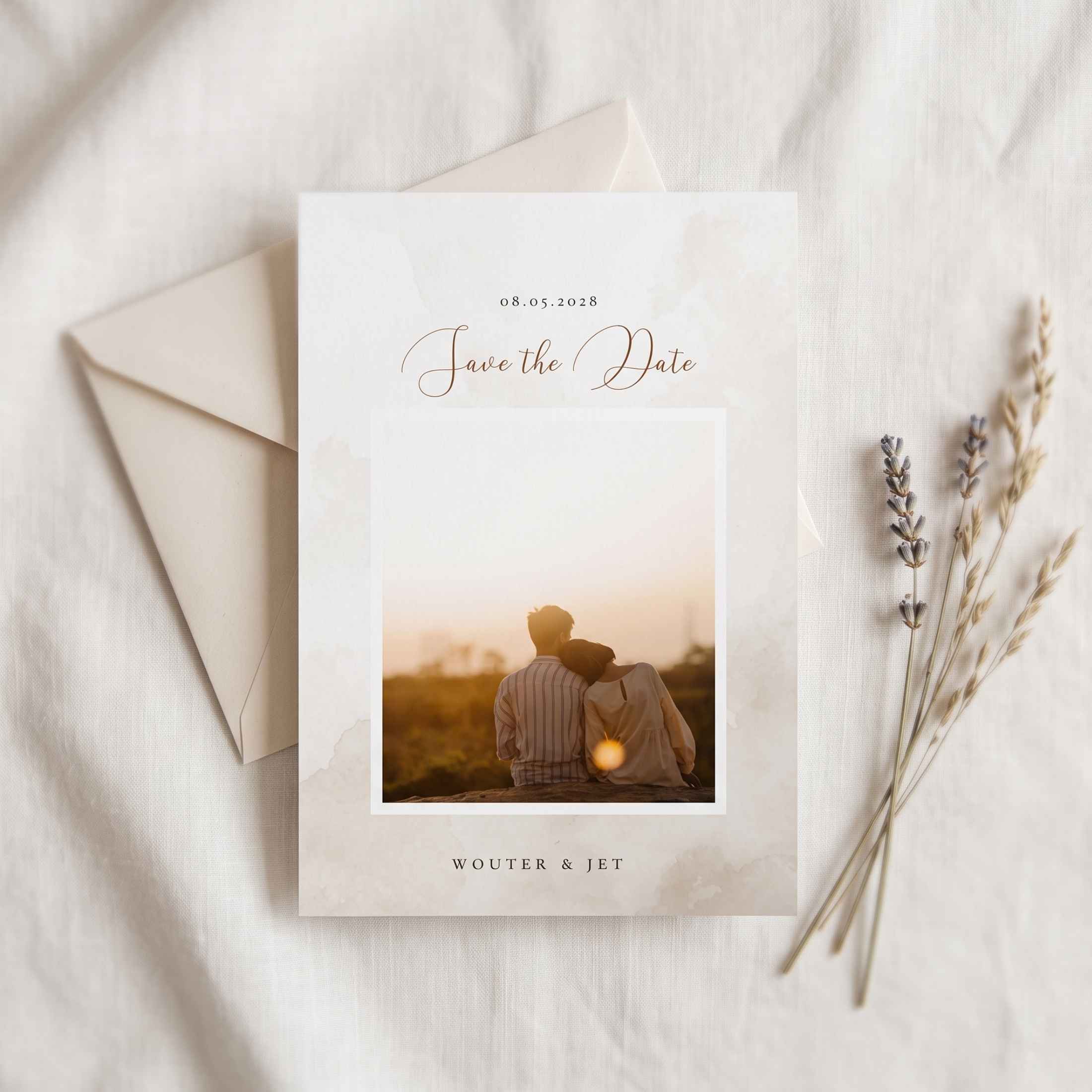 Save the Date zand aquarel met foto