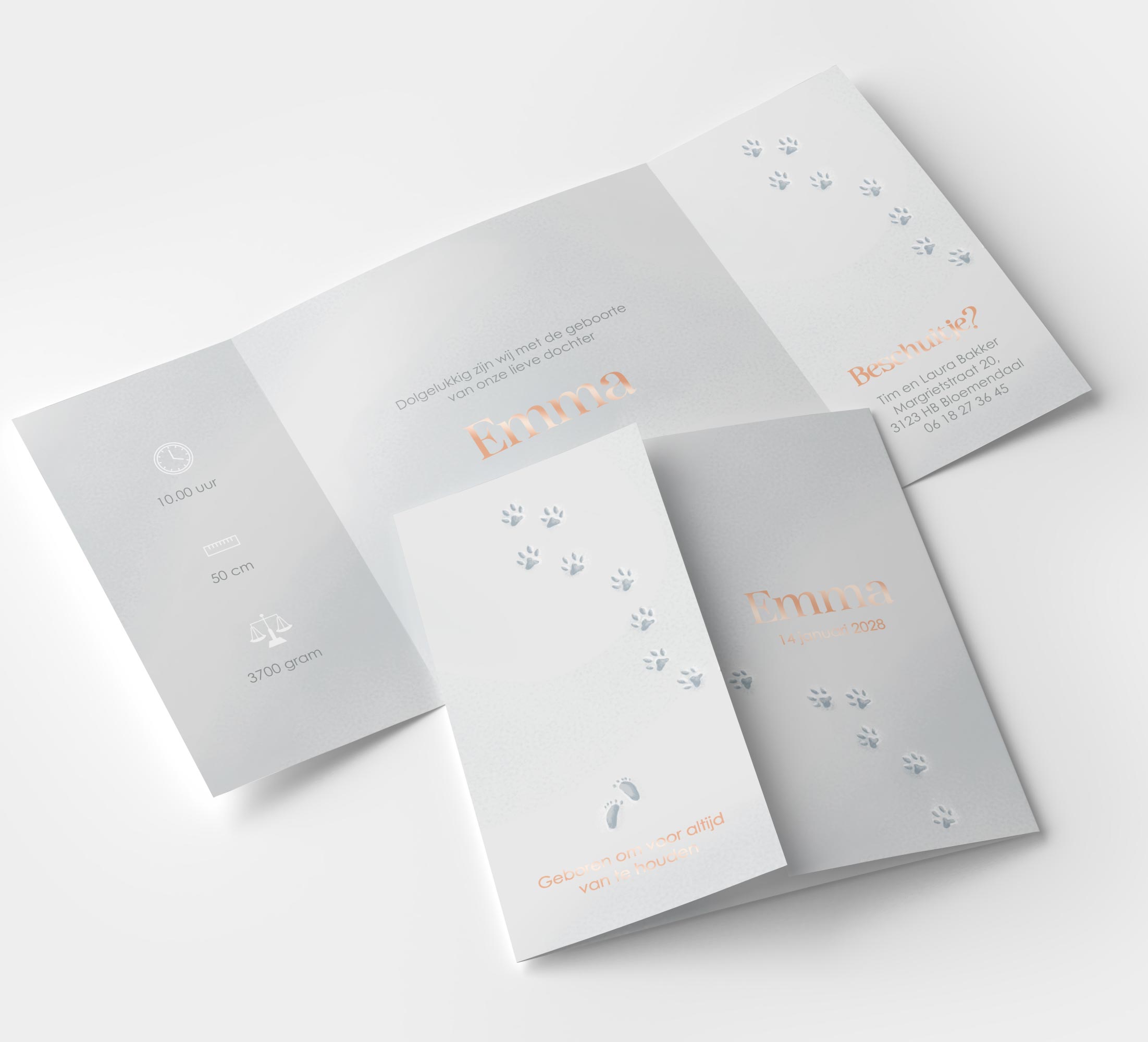 Een leuk geboortekaartje meisje in theatervouw met pootafdrukjes