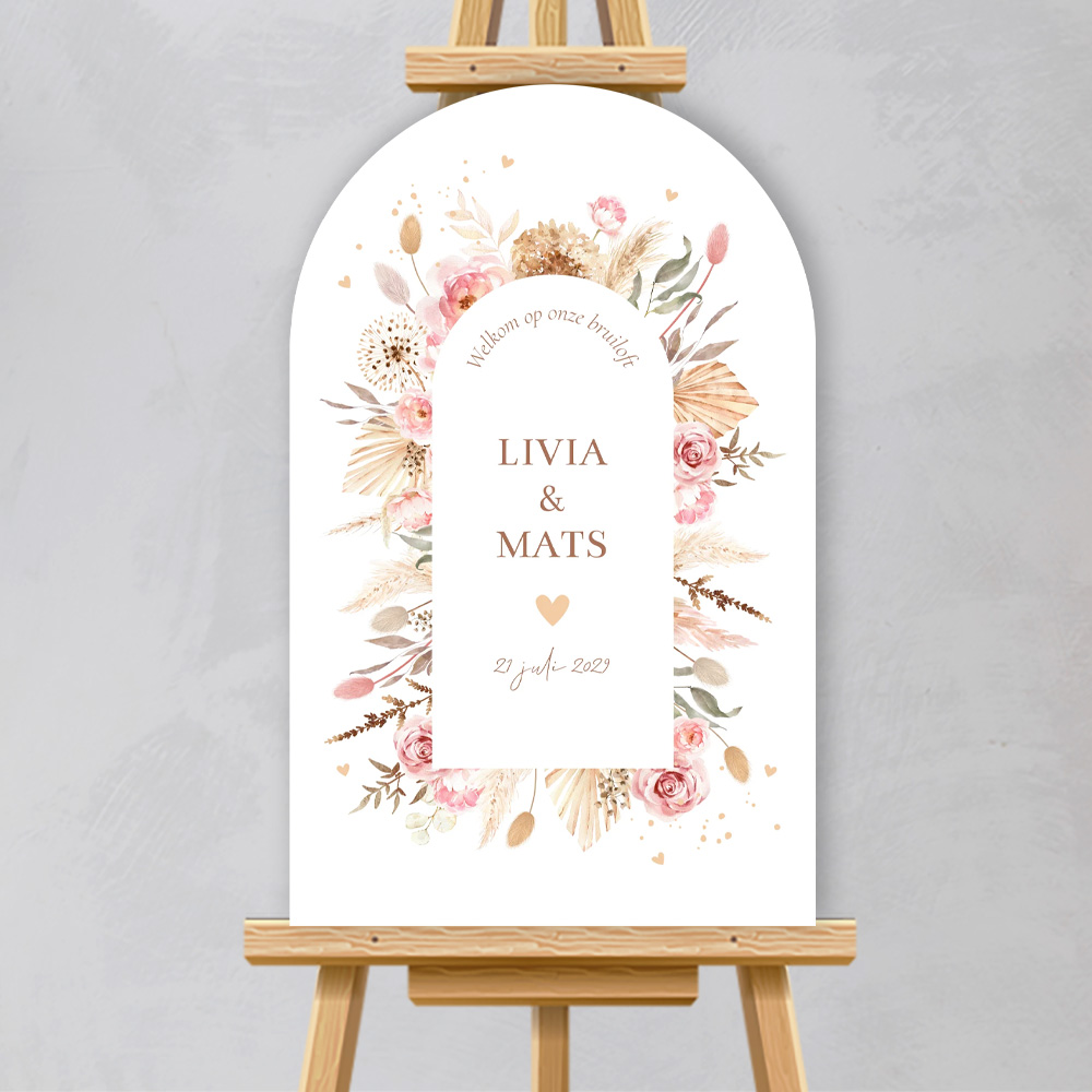 Bruiloftsbord boog bohemian bloemen naturel