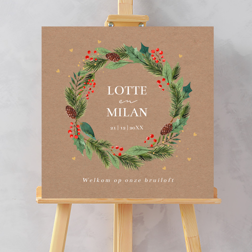 Bruiloftsbord kerstkrans groen rood kraftlook