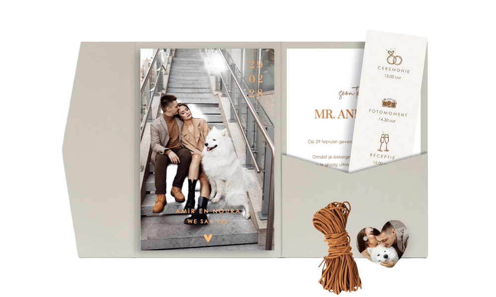 Pocketfold trouwkaart stijlvol met foto en koperfolie