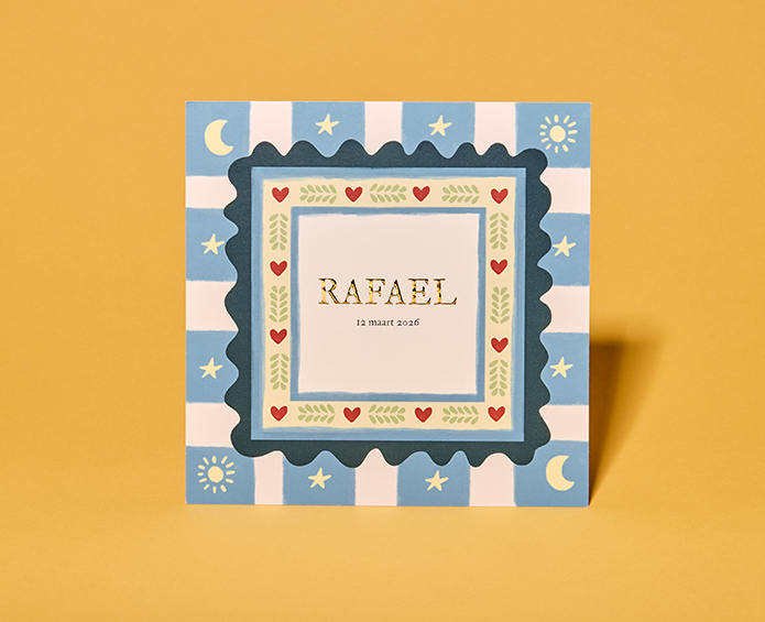 Geboortekaartje patroon heelal checkerboard blauw geel