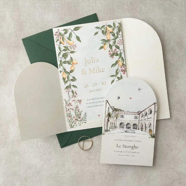 Trouwkaart insteekhoesje italiaans citroentjes trouwlocatie