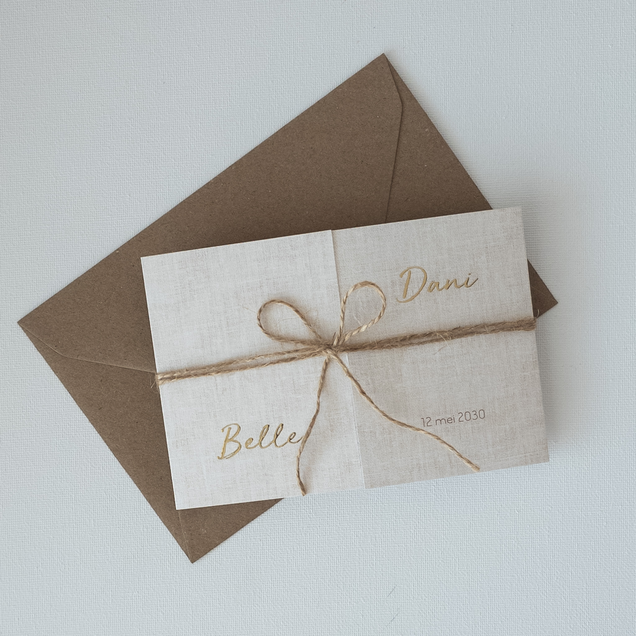 Tweeling geboortekaartje linnenlook goudfolie