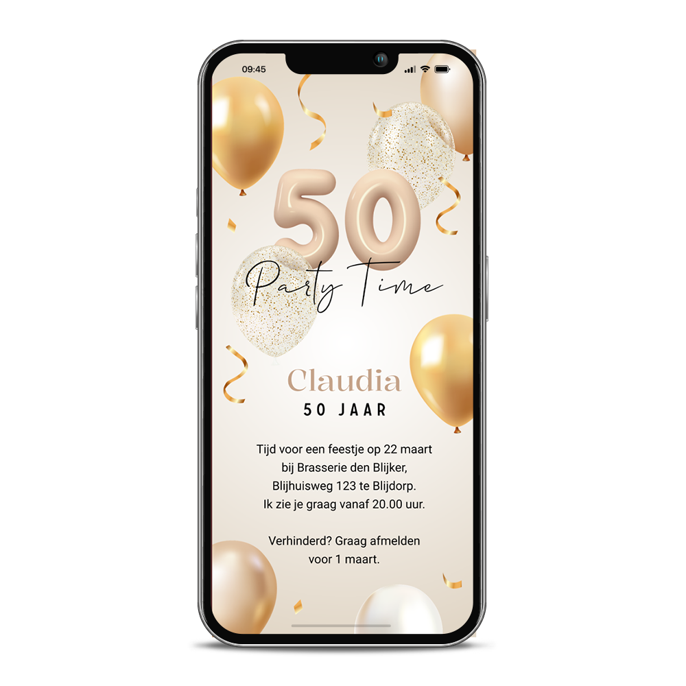 Digitale party time uitnodiging 50 jaar met ballonnen en confetti