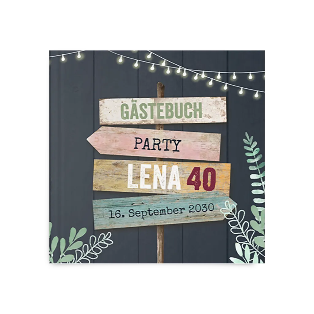 Gästebuch zum 40. Geburtstag mit Wegweiser und Lichterkette