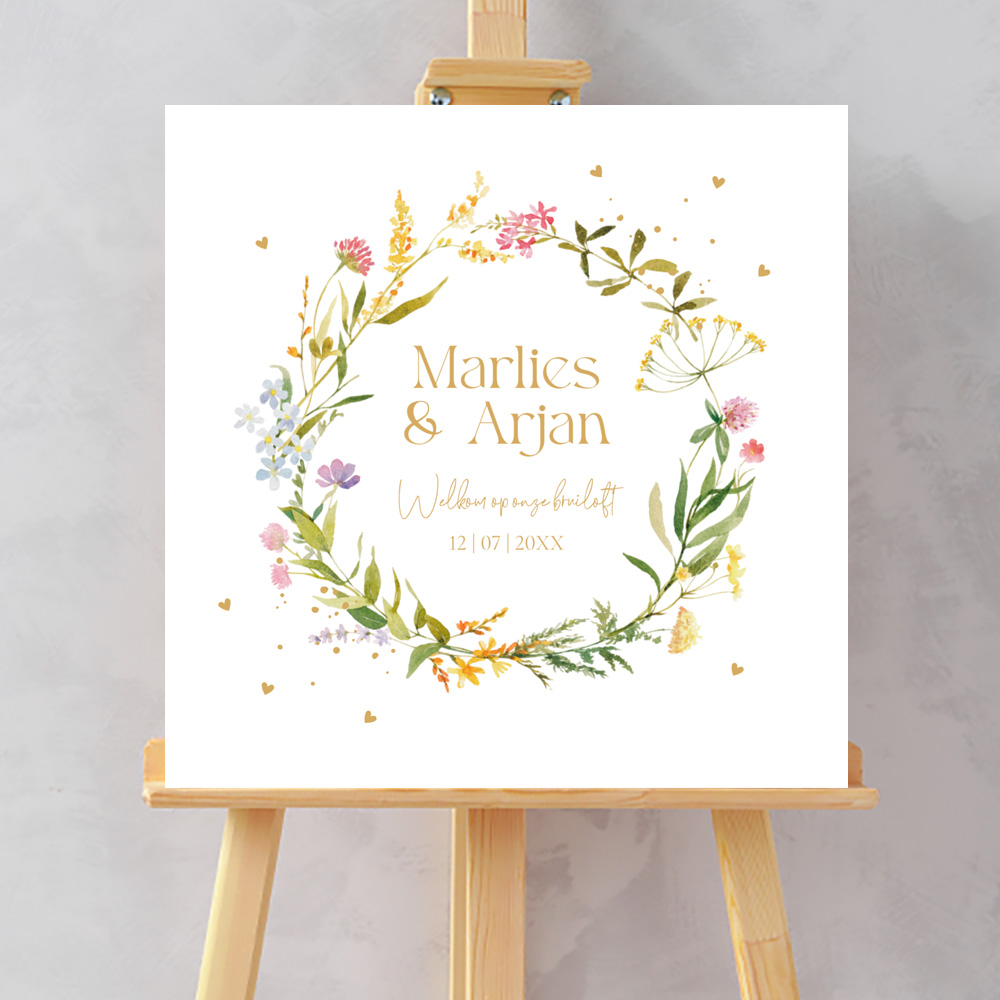 Bruiloftsbord bloemenkrans geel groen