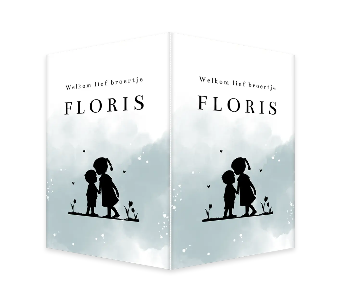 Dubbel grijsblauw raambord met zwart silhouet zus en broertje