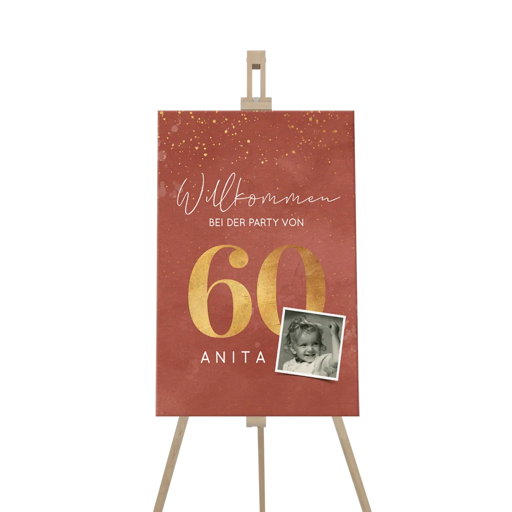 Rostbraunes Willkommensschild mit goldener 60