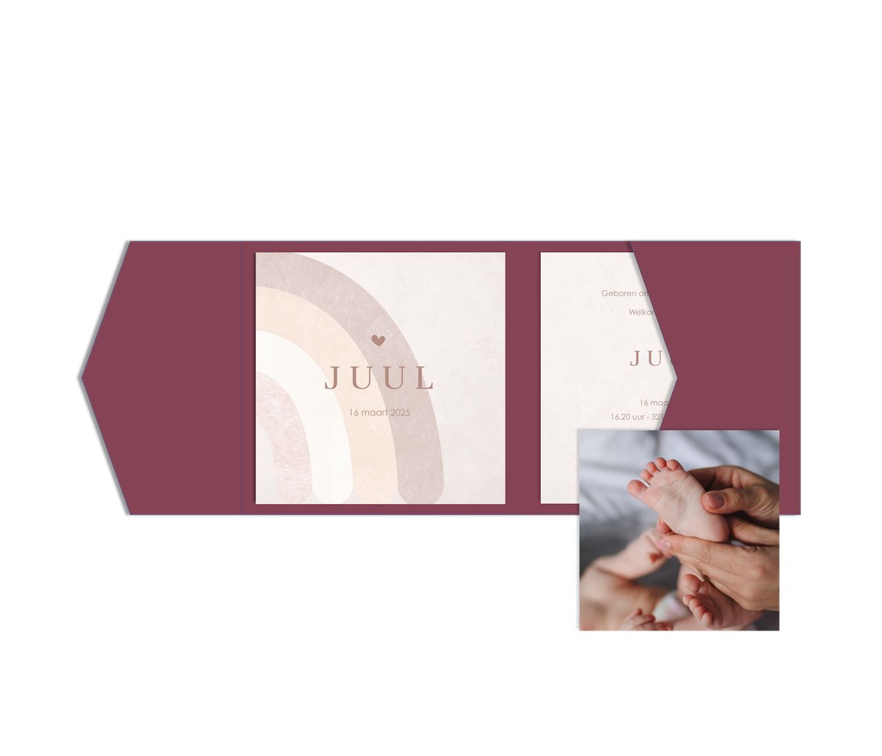 Pocketfold geboortekaartje roze met watercolour regenboog