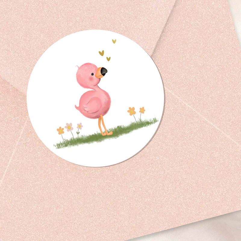 Sluitzegel met staande flamingo, bloemen en goudfolie hartjes