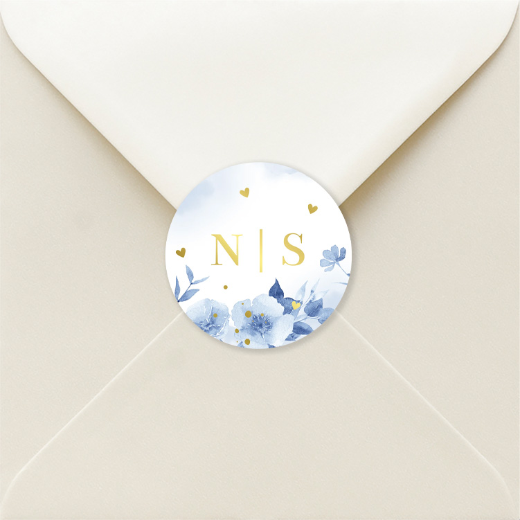 Sluitzegels huwelijk blauw watercolour bloemen goudfolie