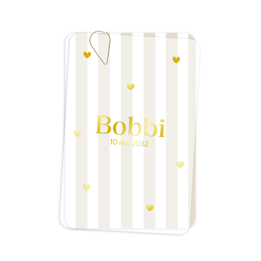Geboortekaartje kalkpapier beige streep met foliedruk hartjes