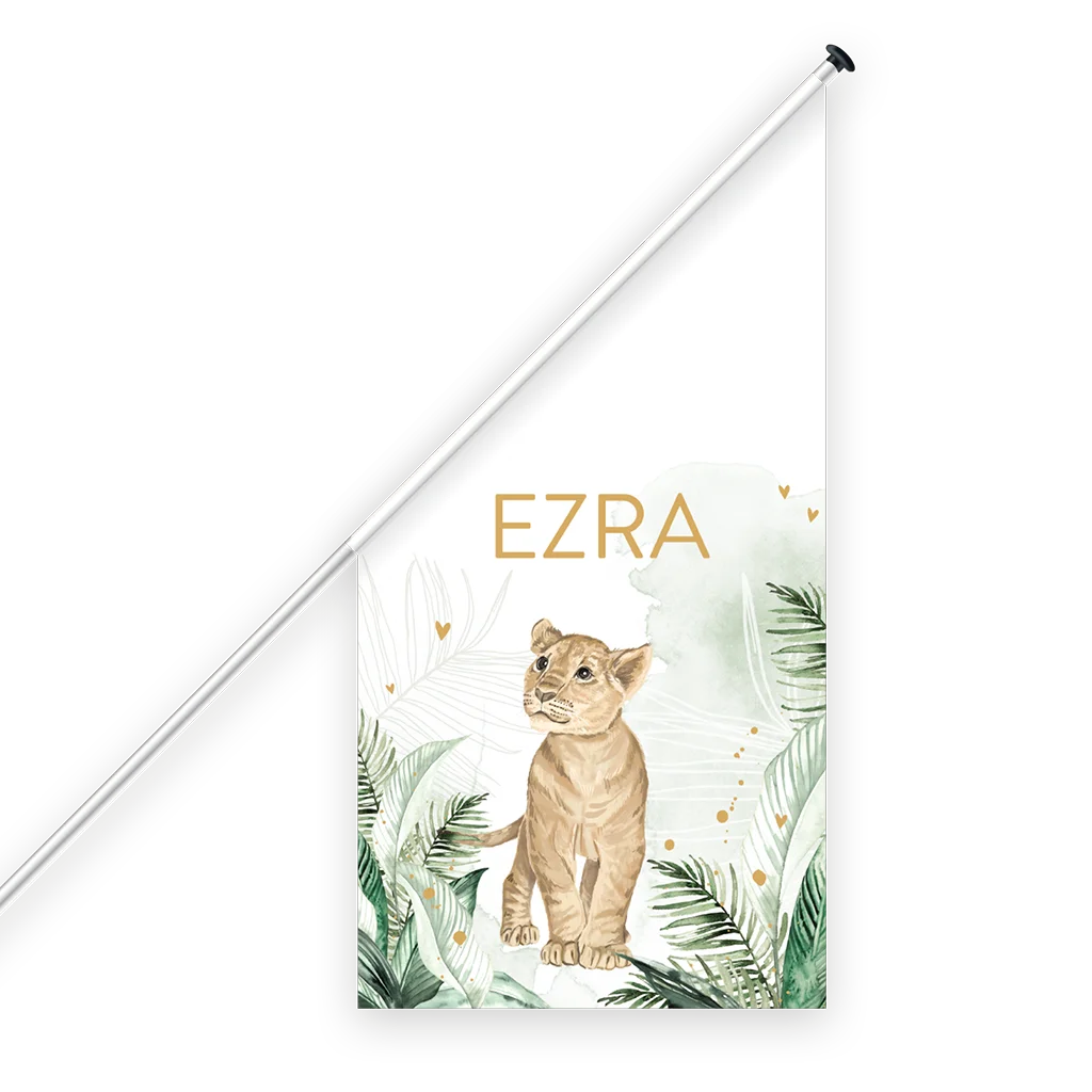 Geboortevlag met welpje en junglebladeren