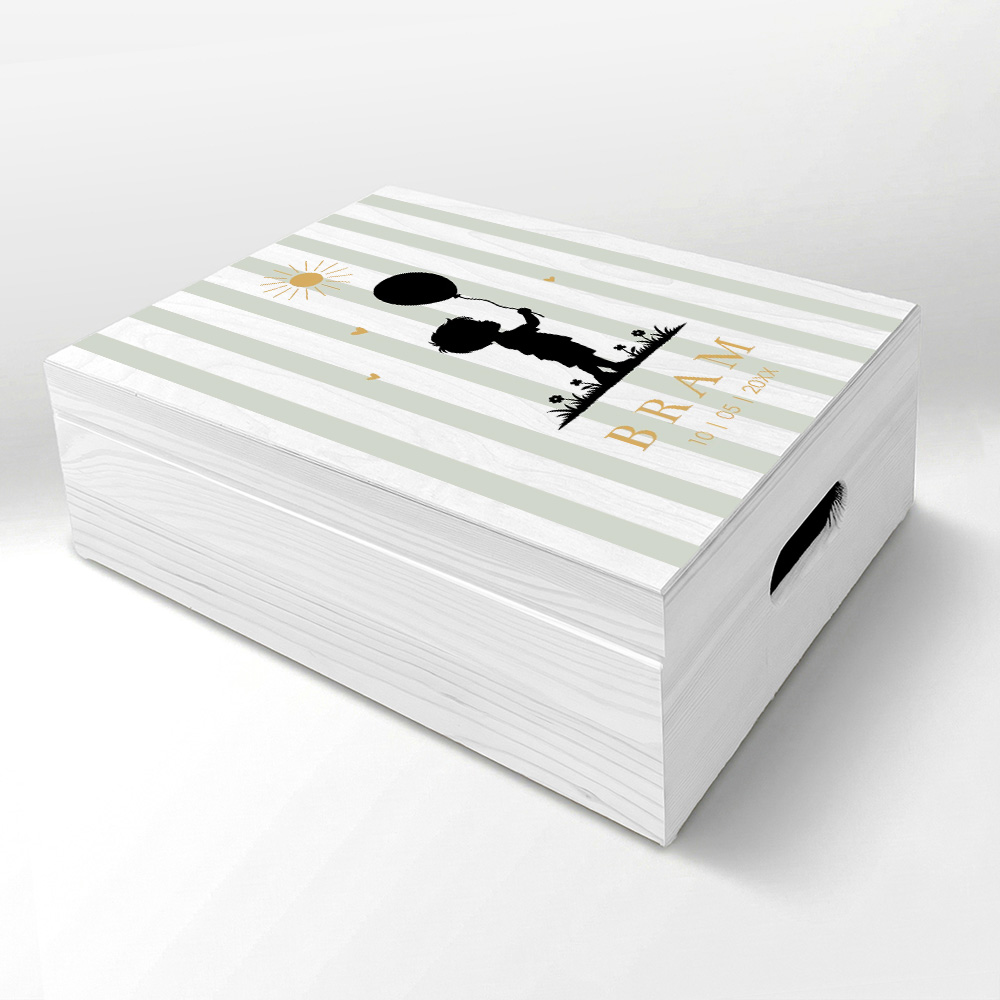 Memorybox hout met silhouet jongen ballon groen strepen