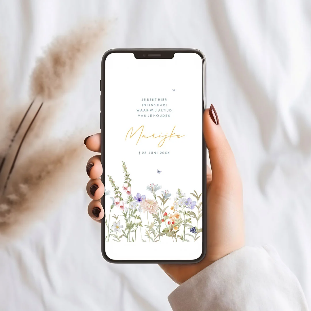 Digitale rouwkaart  met veldbloemen direct te delen via WhatsApp