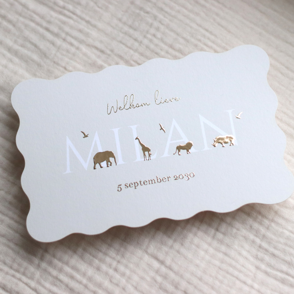 Geboortekaartje golvende rand met safari dieren in foliedruk