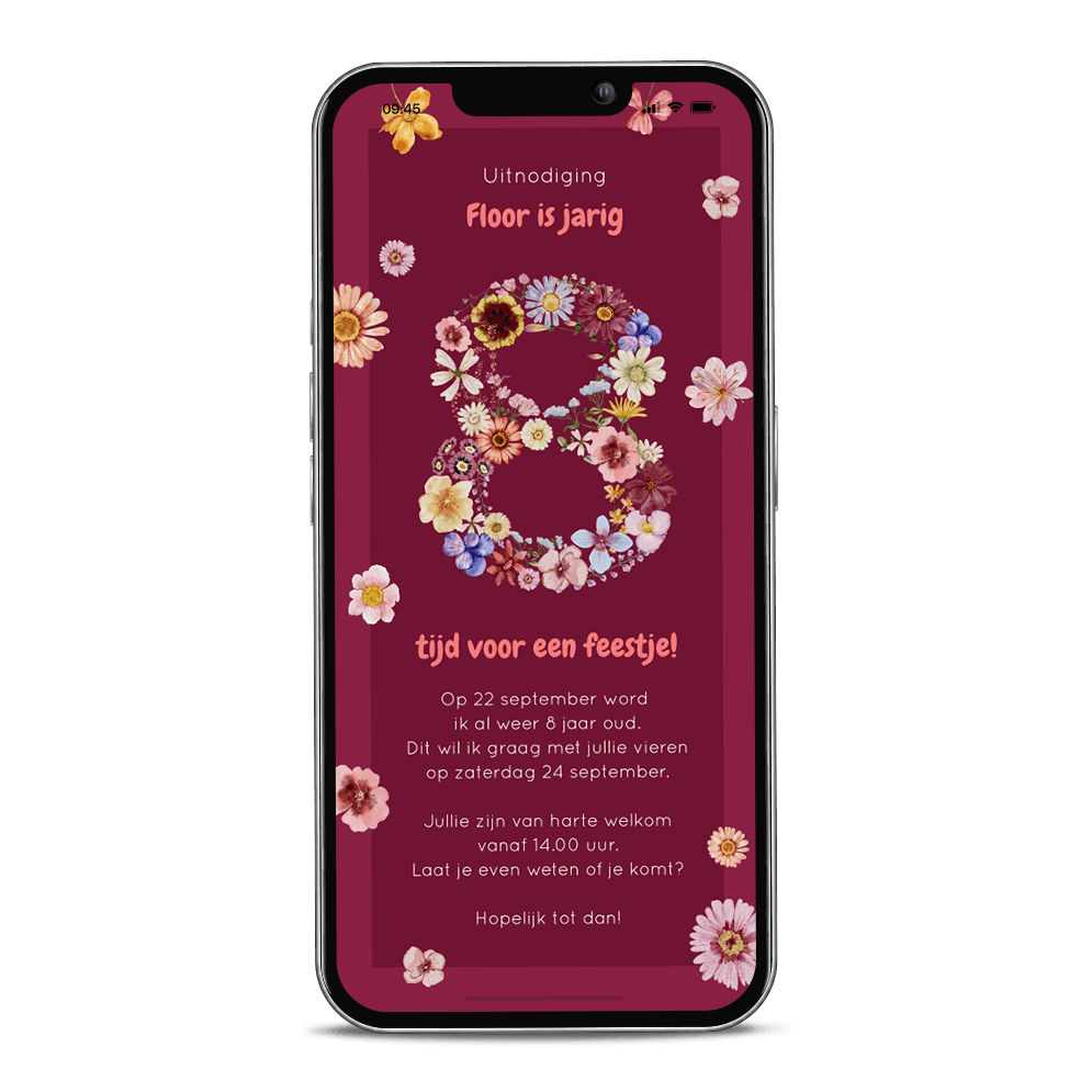 Digitale uitnodiging kinderfeestje met bloemencijfer 8