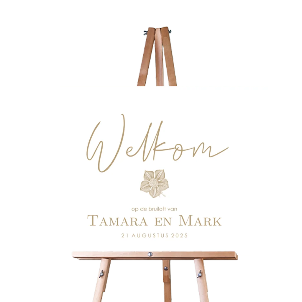 Stijlvol welkomstbord bruiloft met bloem