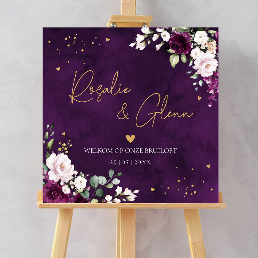 Welkomstbord bruiloft paars bloemen rozen vierkant