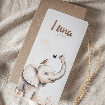 Lief geboortekaartje olifant met vogel en roségoudfolie
