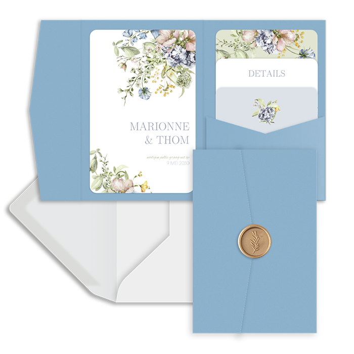 Pocketfold trouwkaart met veel bloemen
