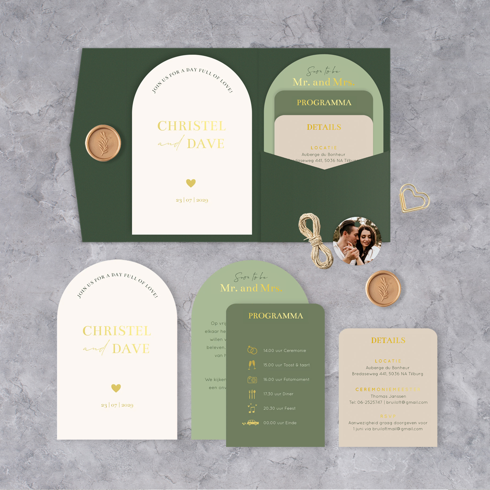 Pocketfold trouwkaarten set groen boog vorm goudfolie