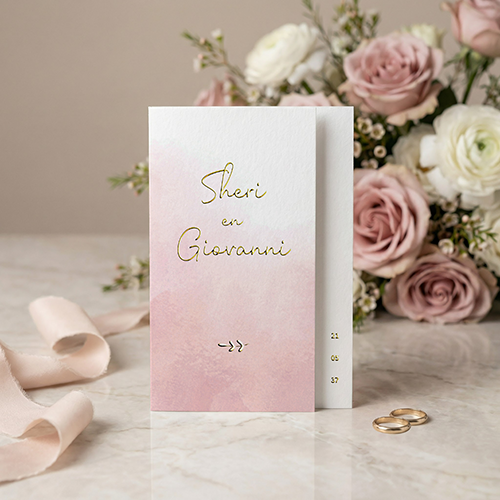 Trouwkaart met waterverf, goudfolie en smalle voorkant