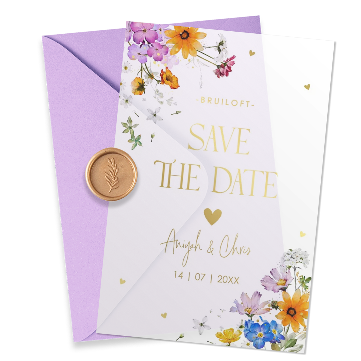 Save the Date kalkpapier zomerse bloemen paars goudfolie