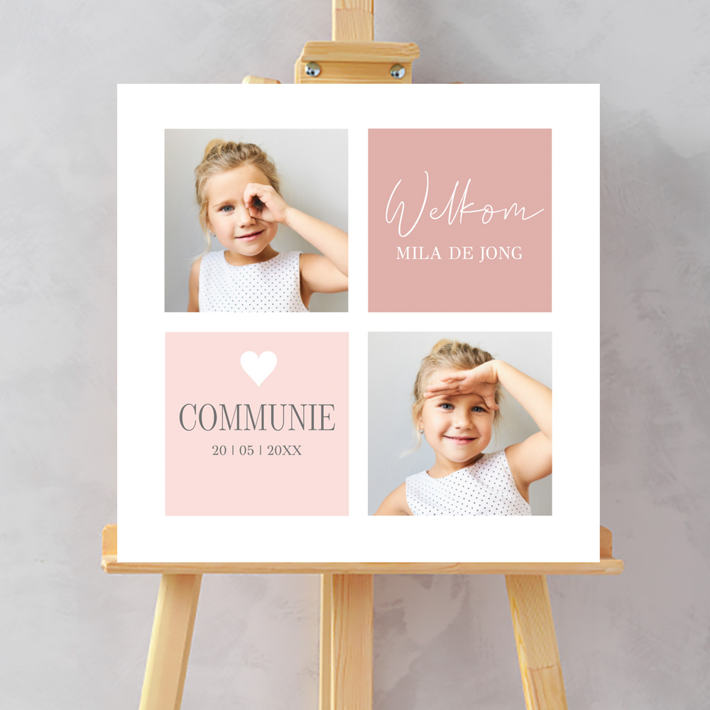 Welkomstbord communie meisje roze met foto