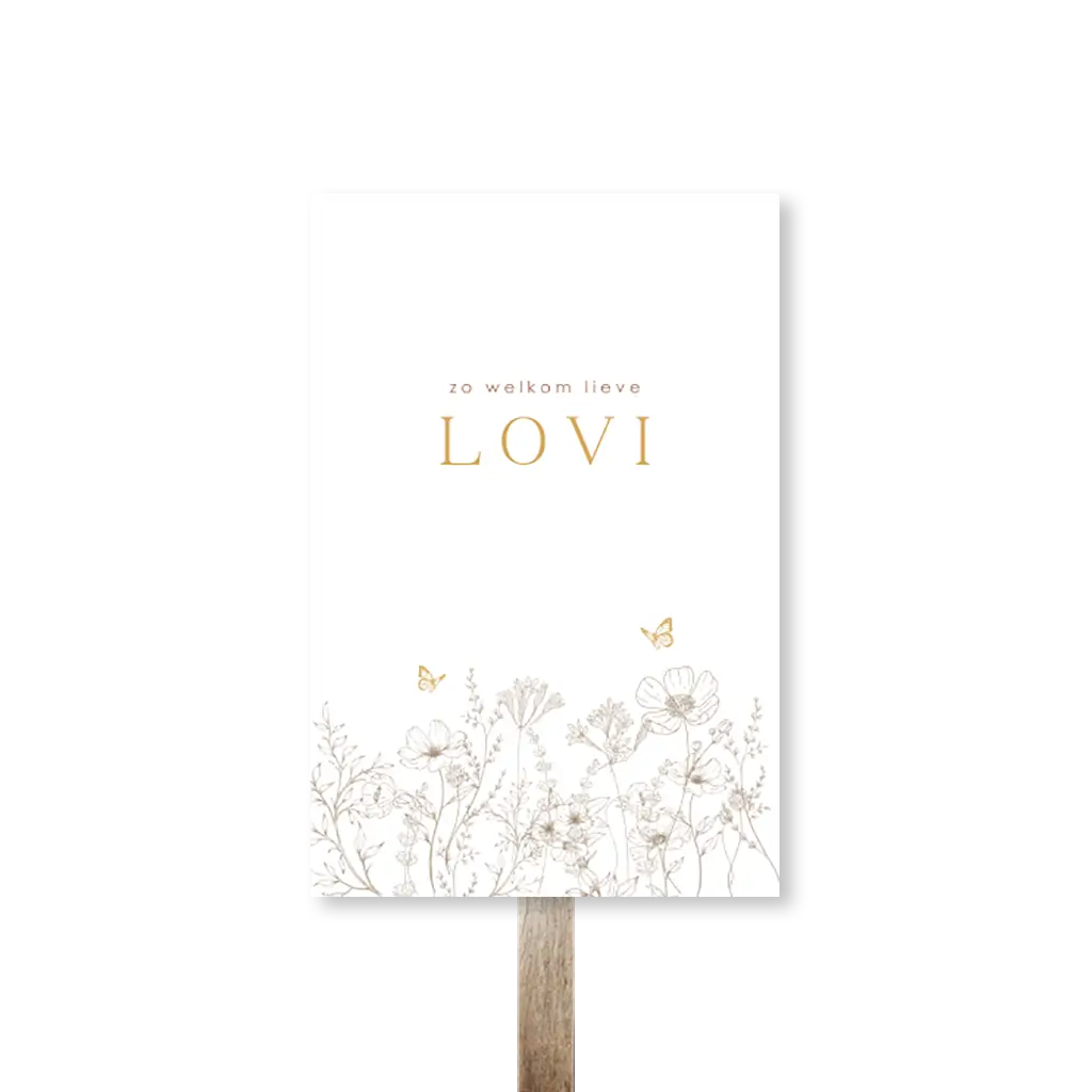 Stijlvol tuinbord met lijntekeningen van bloemen en vlinders