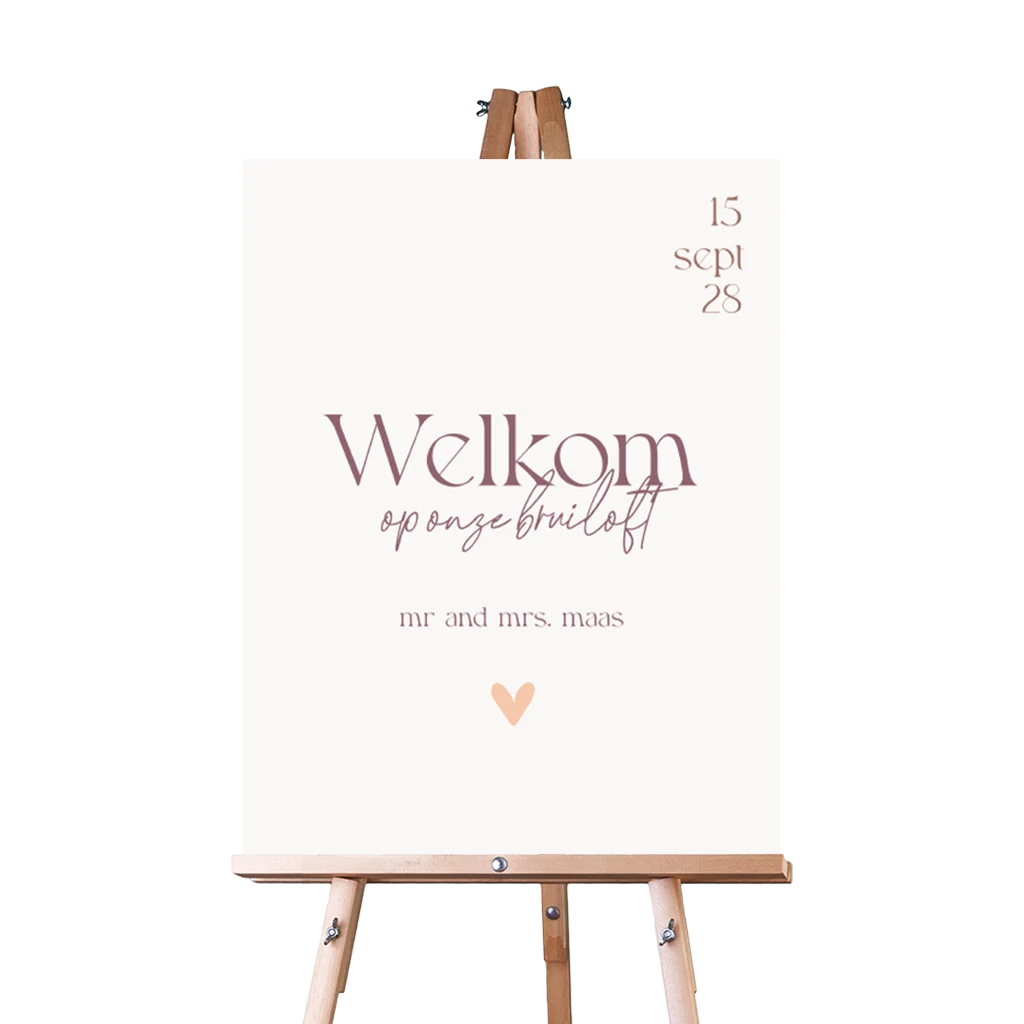 Welkomstbord bruiloft met tekst in aubergine kleur op beige