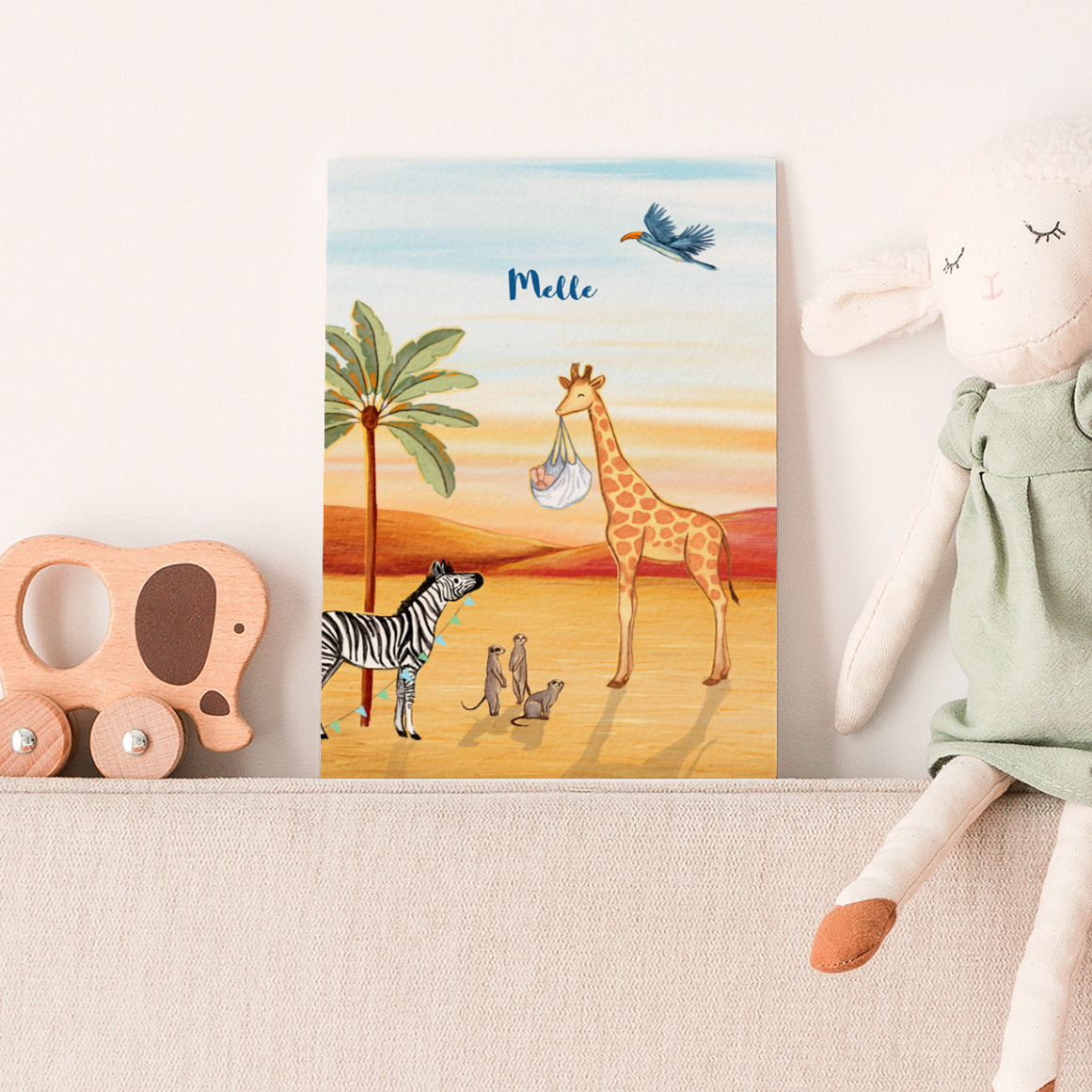 Geboortekaartje Afrikaanse Savanne met giraf, zebra en stokstaartjes.