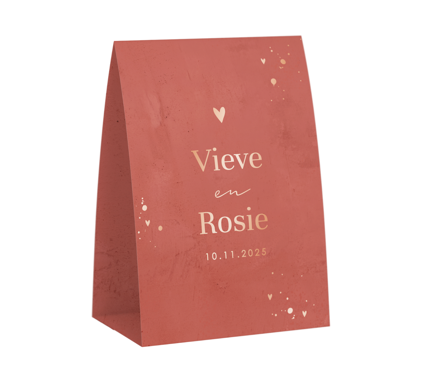 Tentvorm geboortekaartje tweeling met roségoudfolie voor meisjes