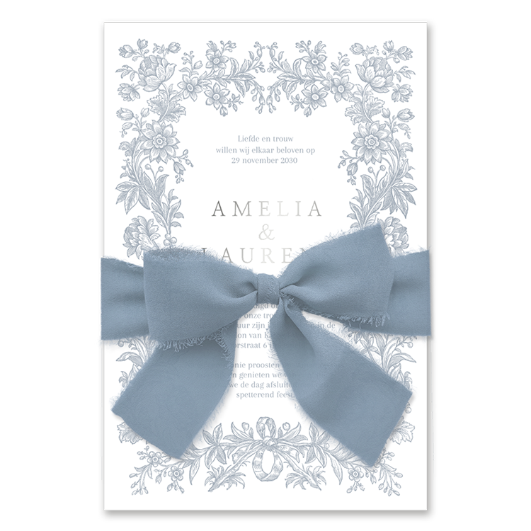 Vintage trouwkaart met bloemenkrans en lint