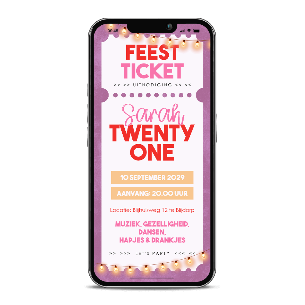 Digitale twenty one uitnodiging verjaardag met feest ticket en lampjes