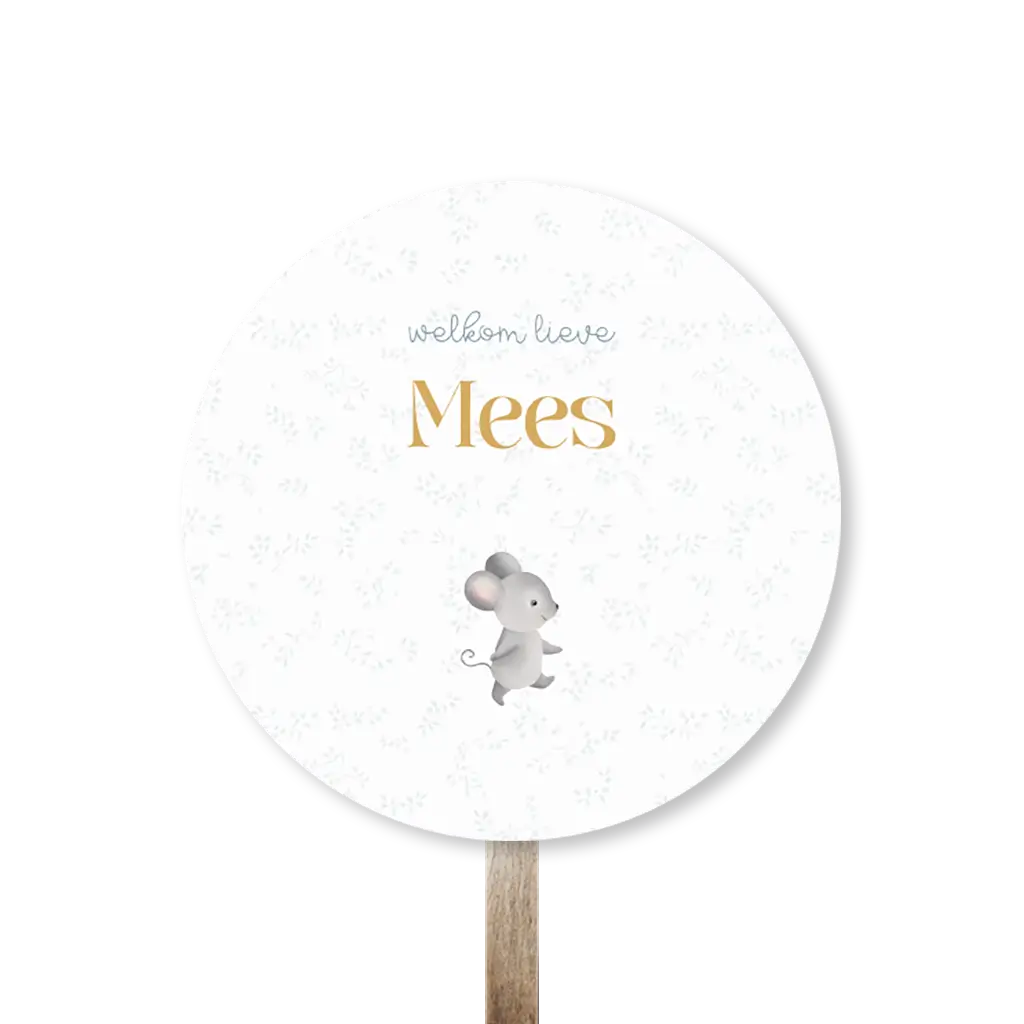 Vrolijk tuinbord met takjes patroon en getekend muisje