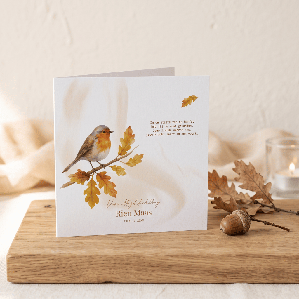 Rouwkaart maken met roodborstje en herfstbladeren – troostrijk ontwerp