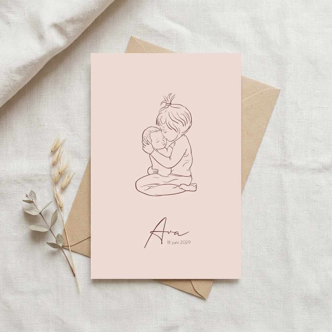 Geboortekaartje meisje lijntekening peuter zus met baby zusje