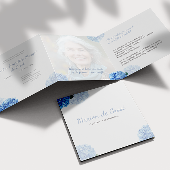 Rouwkaart drieluik paars hortensia's bloemen lila foto fotokader