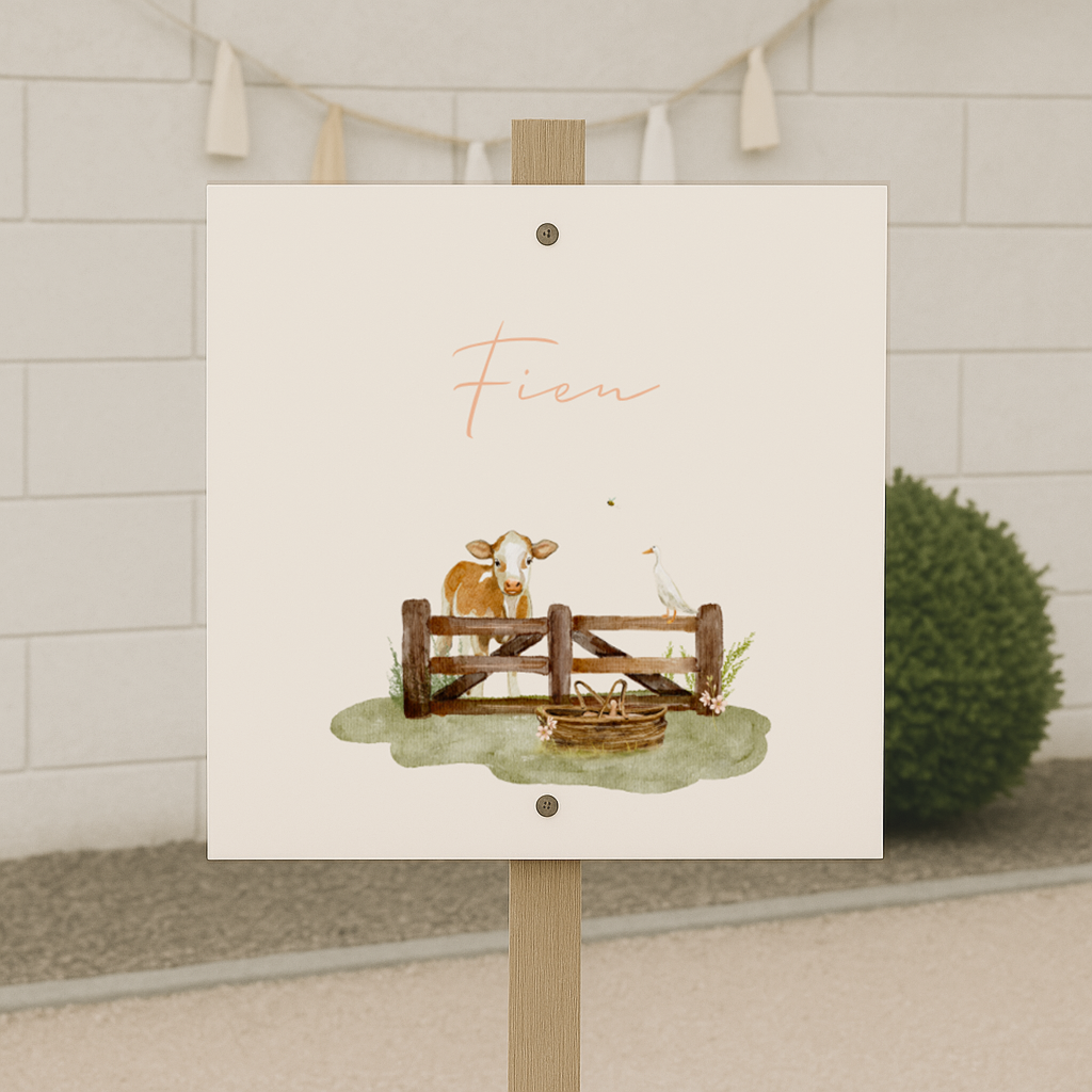 tuinbord Geboortekaartje boerderij lente koe baby meisje