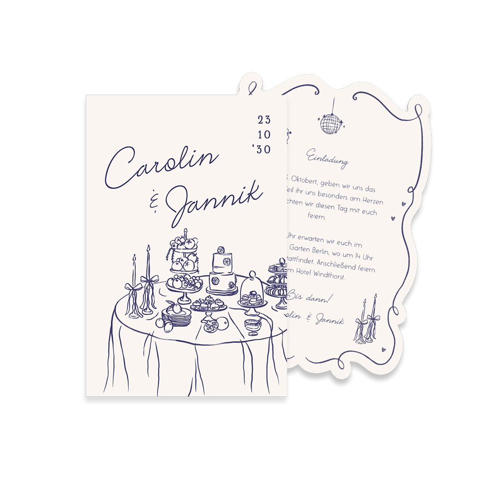 Stilvolle Hochzeitskarte mit handgezeichneten Illustrationen