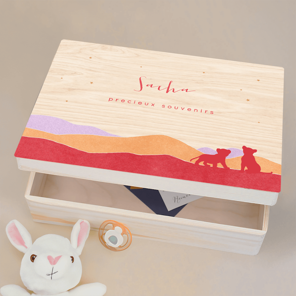 Boîte à souvenirs avec lionceaux et paysage violet, orange et rouge