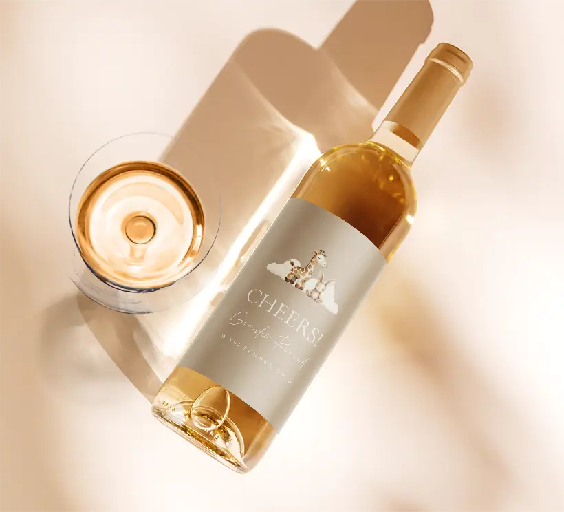 Wijnetiket beige giraffe en konijntje