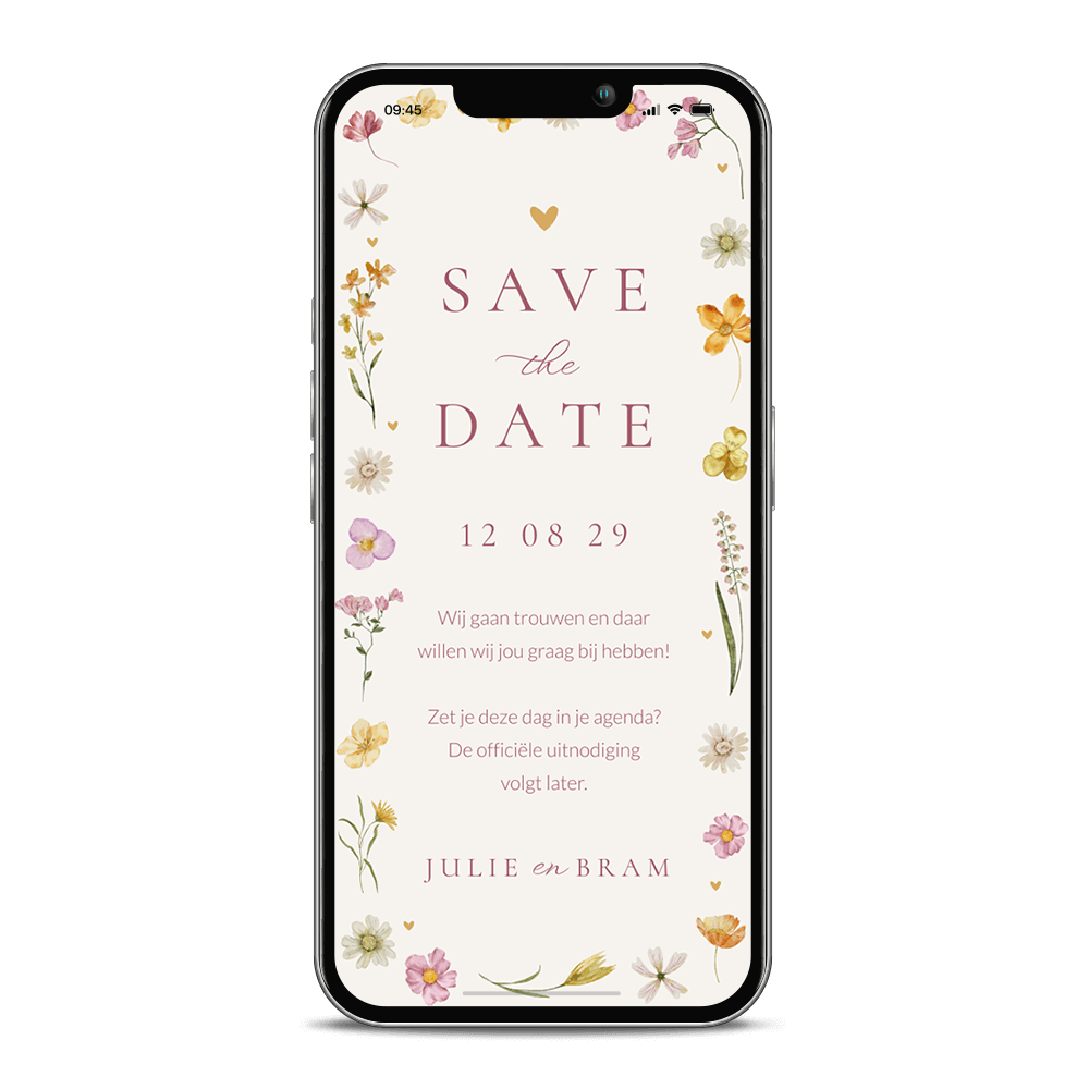 Romantische digitale Save the Date kaart met bloemenkader en hartjes