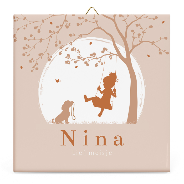 Geboortetegeltje silhouet meisje op schommel met hond