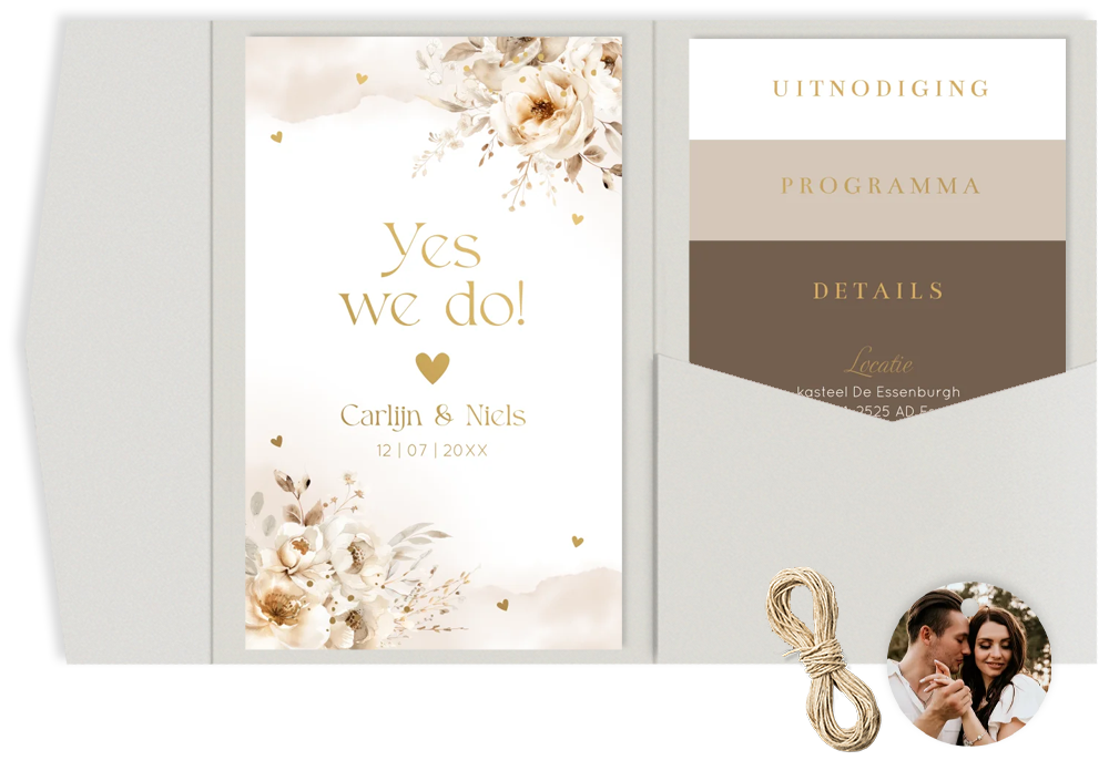 Pocketfold trouwkaart beige bloemen foliedruk