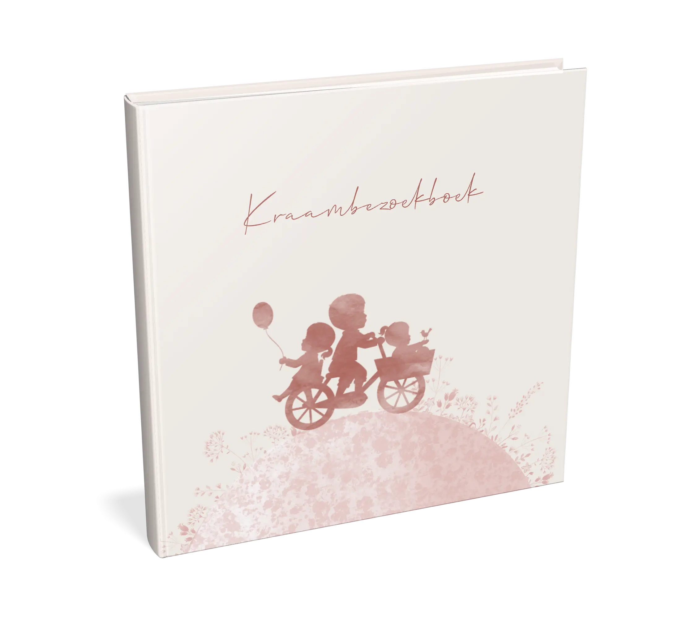 Kraambezoekboek roze watercolour met silhouetjes op fiets