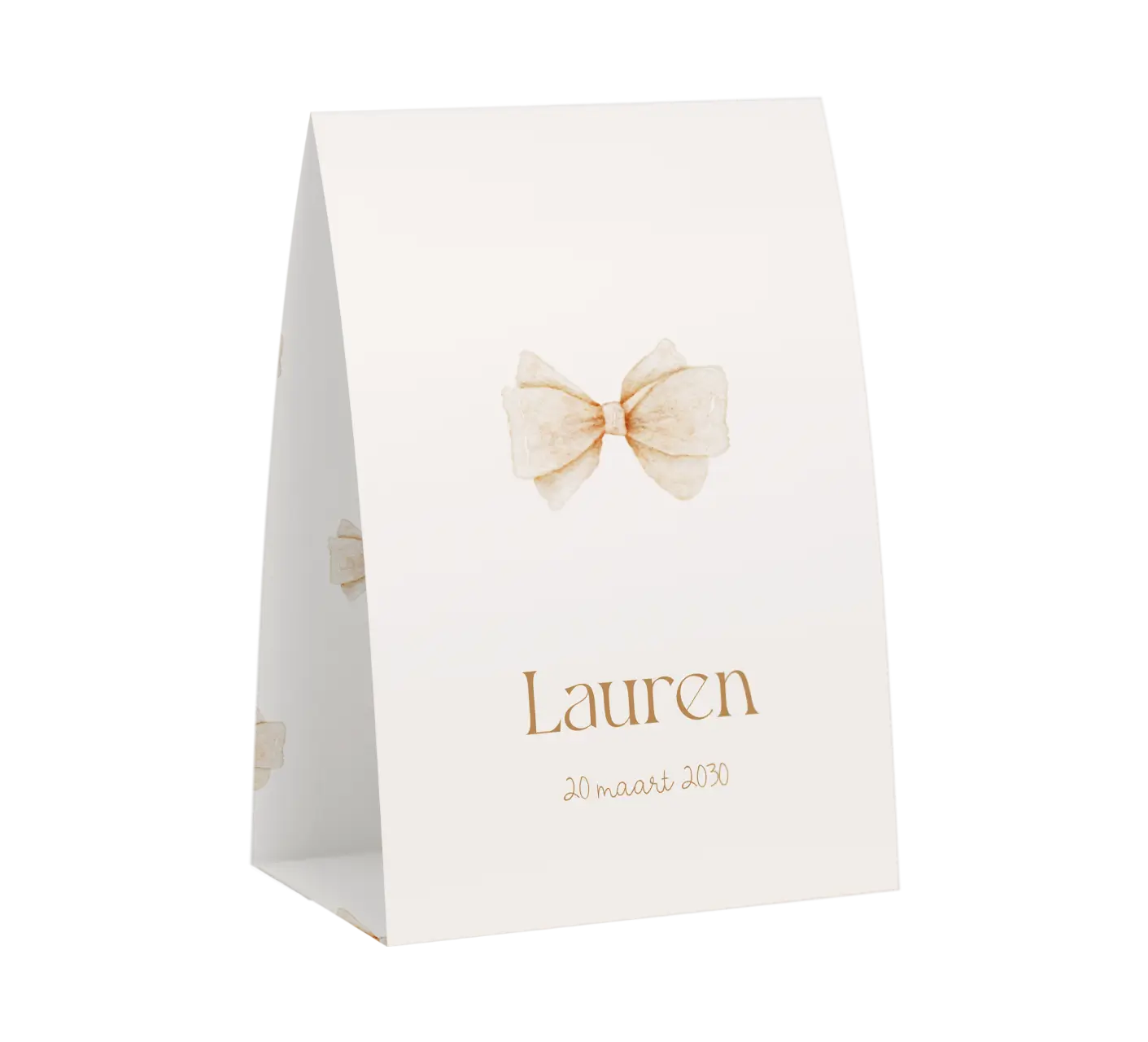 Tentkaart geboortekaartje met beige strik