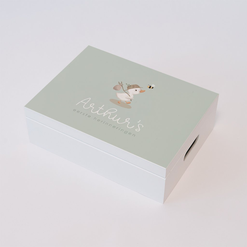 Groene memorybox met eendje en bij